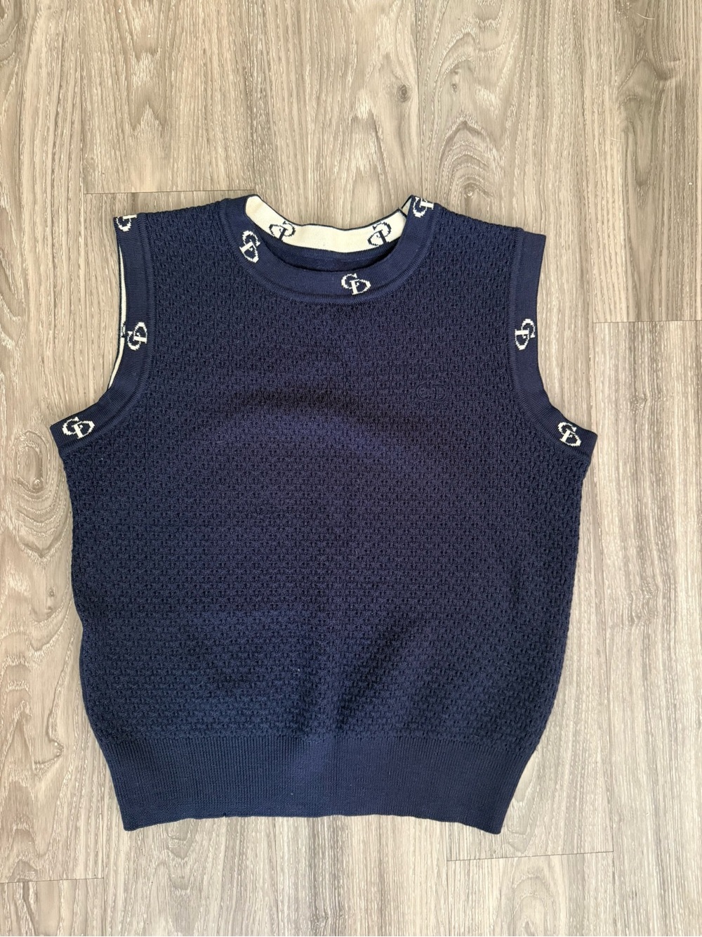 Vintage Christian Dior Paris CD Monogram Wool Knit Sweater Vest Navy Blue Logo